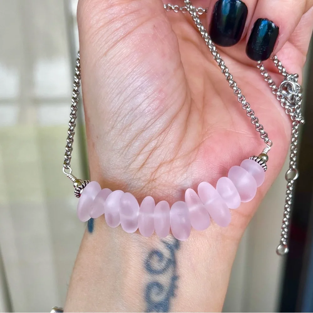 Frosted pink crystal quartz gemstones chips bar choker necklace boho stones - Picture 8 of 11